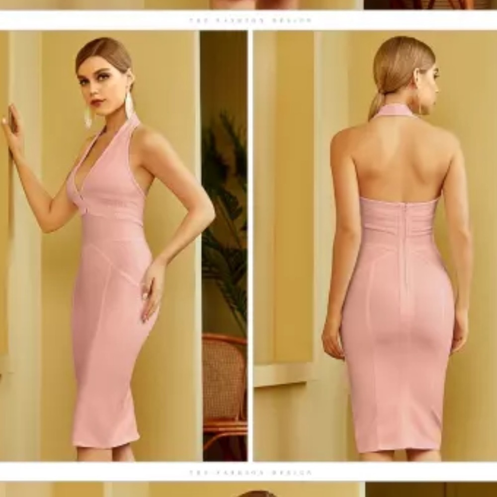 Halter Bodycon Bandage Dress Sexy Hollow Out Backless pink
